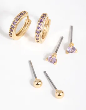 18ct Gold Plated Cubic Zirconia February Amethyst Earring Pack