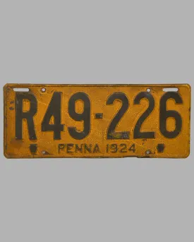 1924 Pennsylvania license plate, painted stamped metal