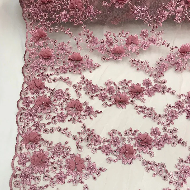 3D Embroidered French Beaded Mesh Lace Fabric