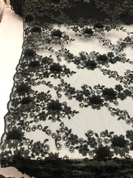 3D Embroidered French Beaded Mesh Lace Fabric