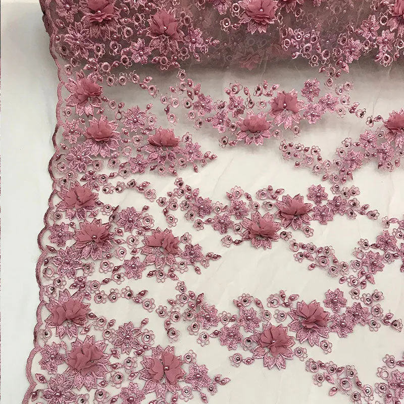 3D Embroidered French Beaded Mesh Lace Fabric