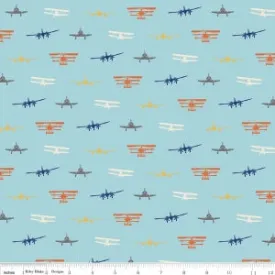 Airplanes Silhouette Blue Cotton Lycra Knit Fabric by Riley Blake