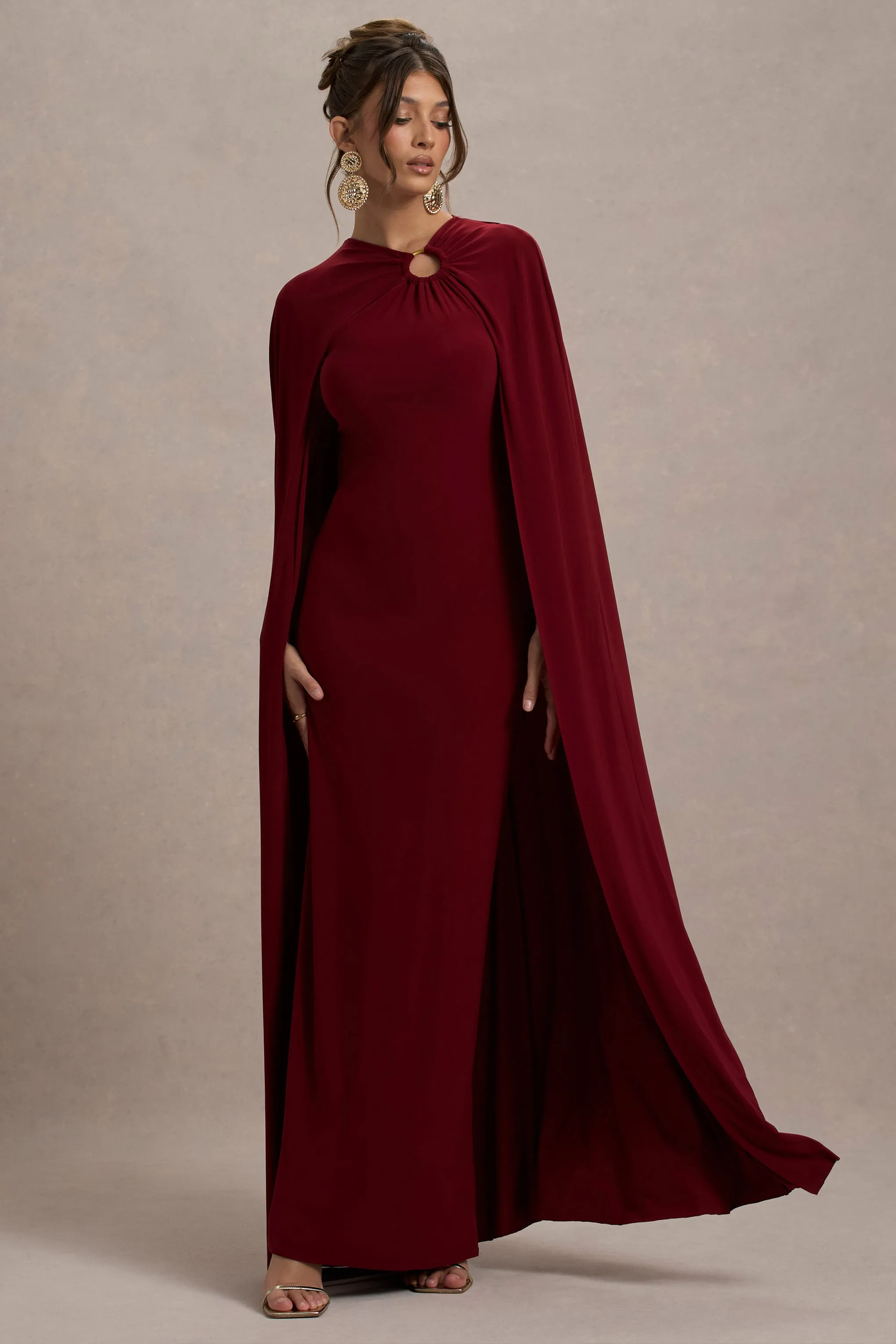 Aliza | Berry Cape Maxi Dress With Gold Ring