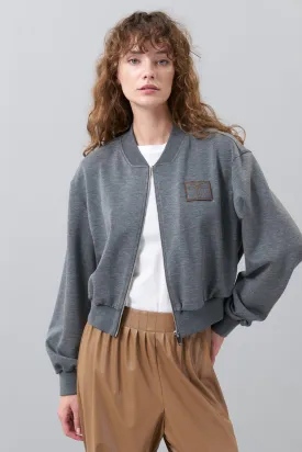 Applique Embroidered Front Zippered Coat Gray