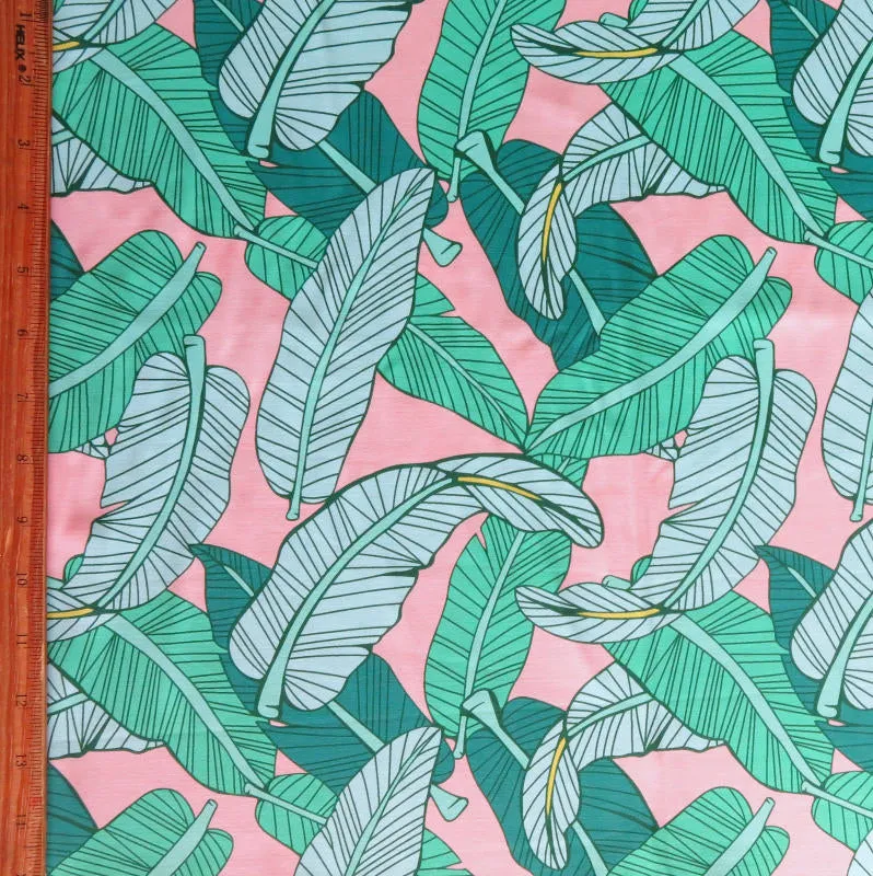 Banana Leaves on Light Peach Nylon Spandex Swimsuit Fabric