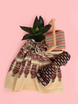 Beige Black Red Ajrakh Hand Block Printed Suit Set (Set of 3) - SU01HB459