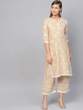 Beige Embroidered Muslin Straight Kurta With Palazzos