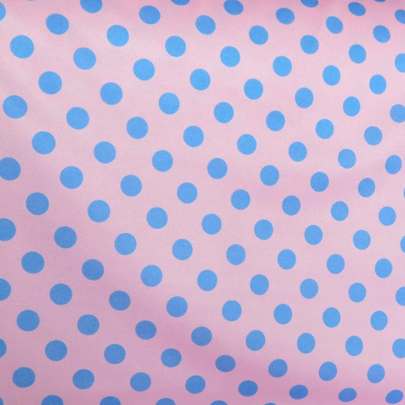 Blue Dime Sized Polka Dots on Pink Nylon Spandex Swimsuit Fabric