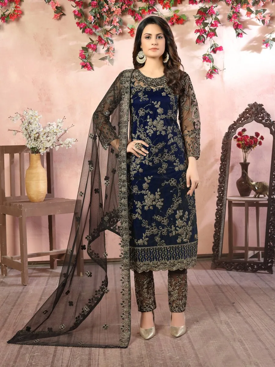 Blue Embroidered Partywear Straight Cut Suit