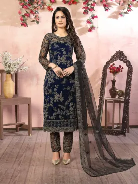 Blue Embroidered Partywear Straight Cut Suit