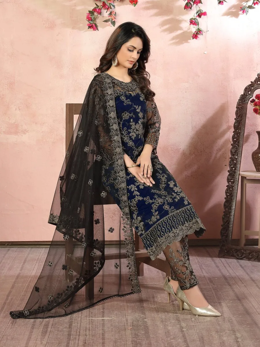 Blue Embroidered Partywear Straight Cut Suit