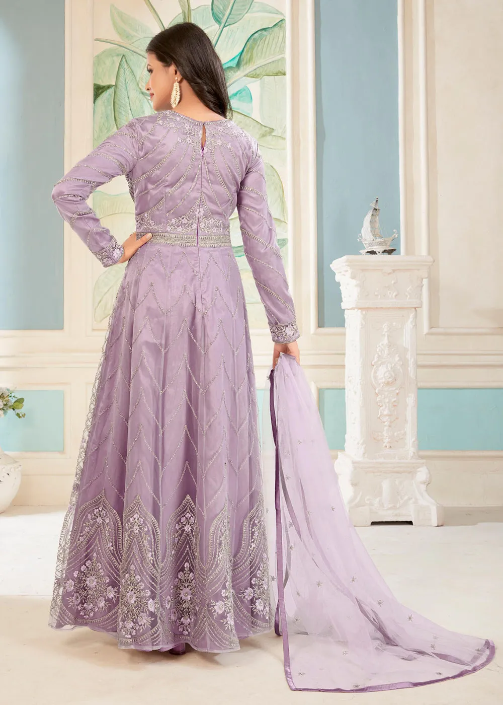 Charming Lavender Floral Embroidered Wedding Wear Anarkali Suit