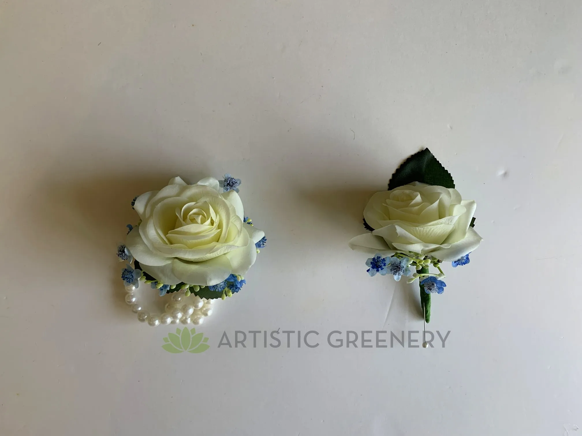 Corsage & Buttonhole - White Rose with Blue Baby's Breath - CB0036Blue - $53/set