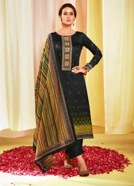 Embroidered Cotton Satin Unstitched Suit Set Black