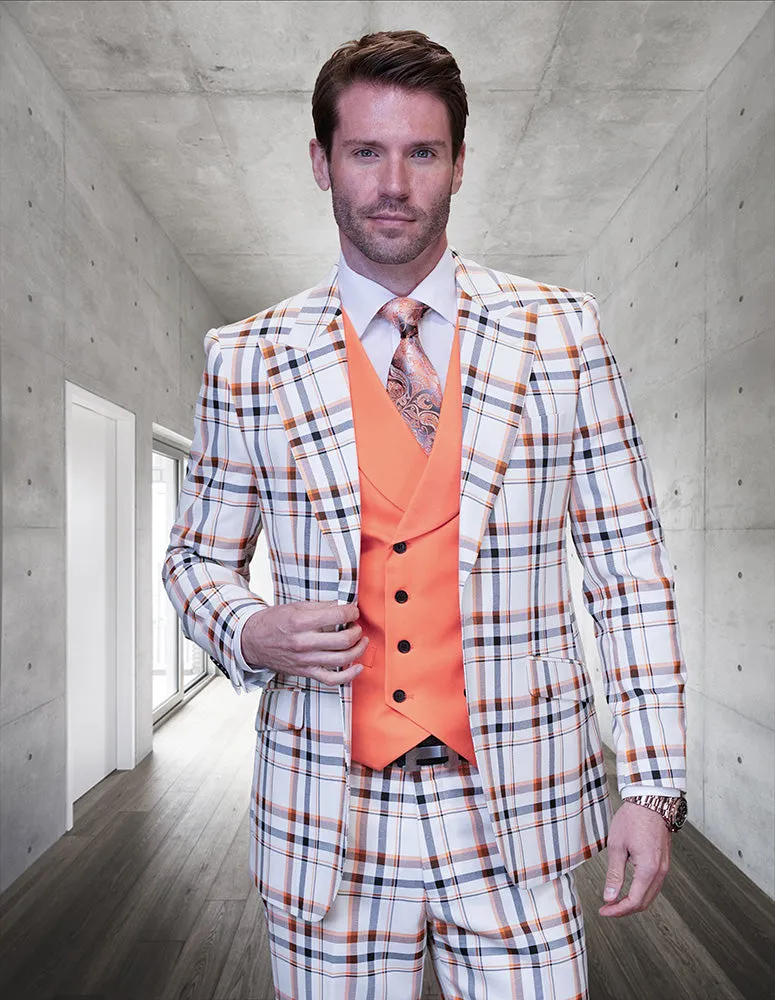 FIRENZE ORANGE PLAID MODERN FIT 3 PC SUIT