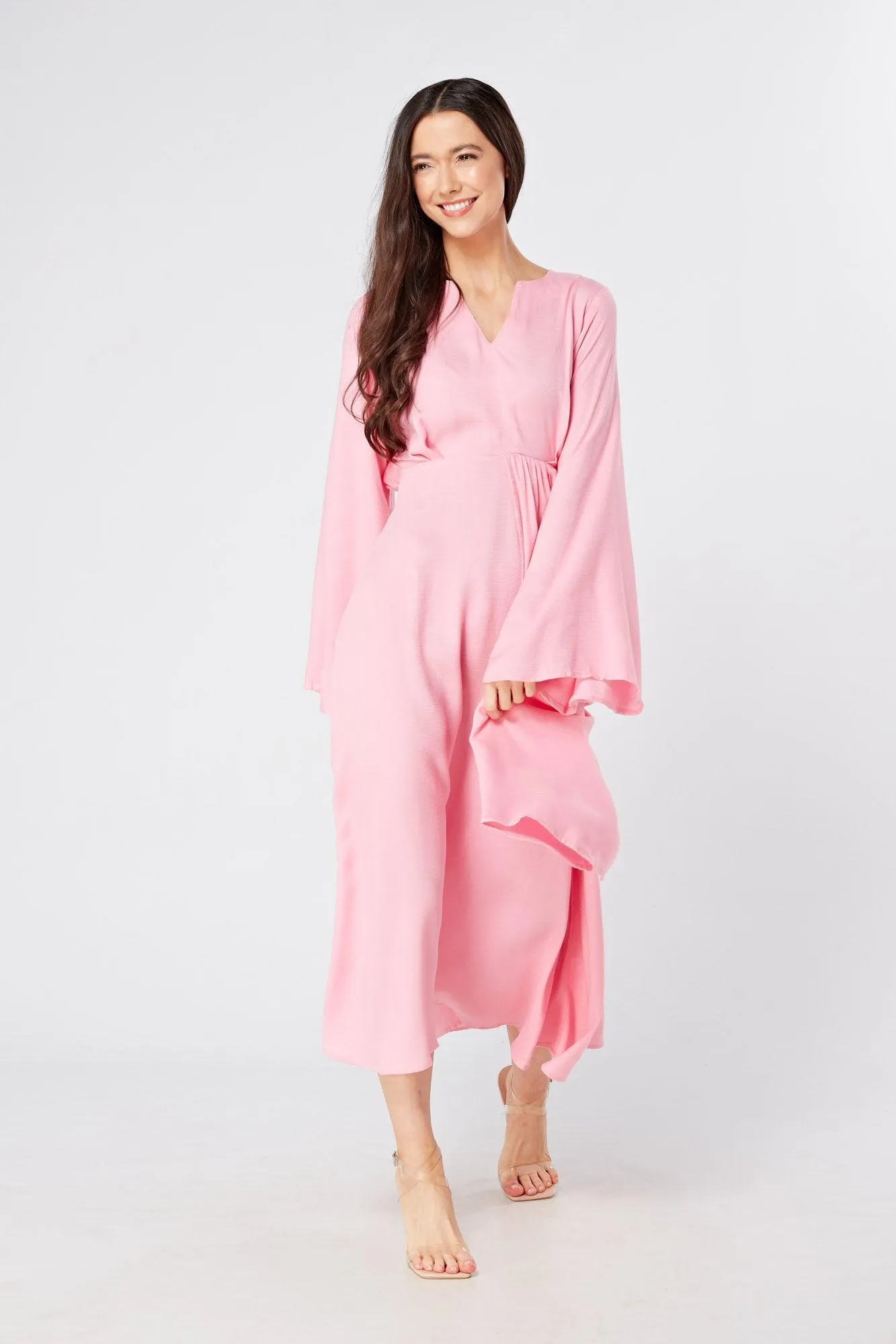 Hera Draped Super Soft Crepe Midi Dress With Long Kimono Sleeves