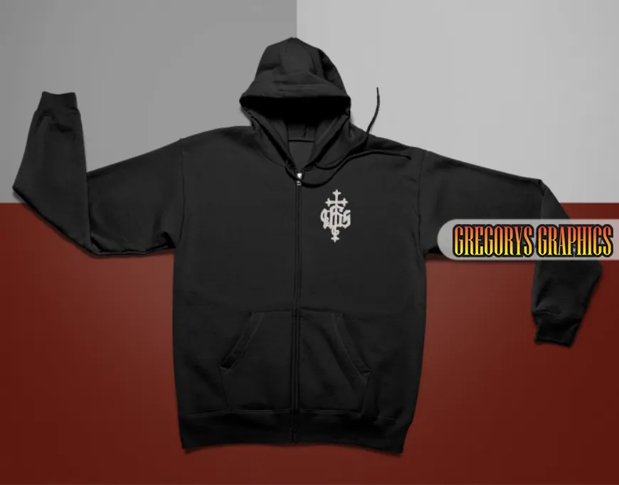 IHS Cross - 12 Ounce - Black Full Zip Hooded Sweatshirt