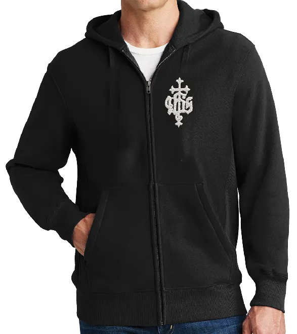 IHS Cross - 12 Ounce - Black Full Zip Hooded Sweatshirt