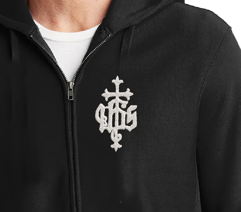 IHS Cross - 12 Ounce - Black Full Zip Hooded Sweatshirt