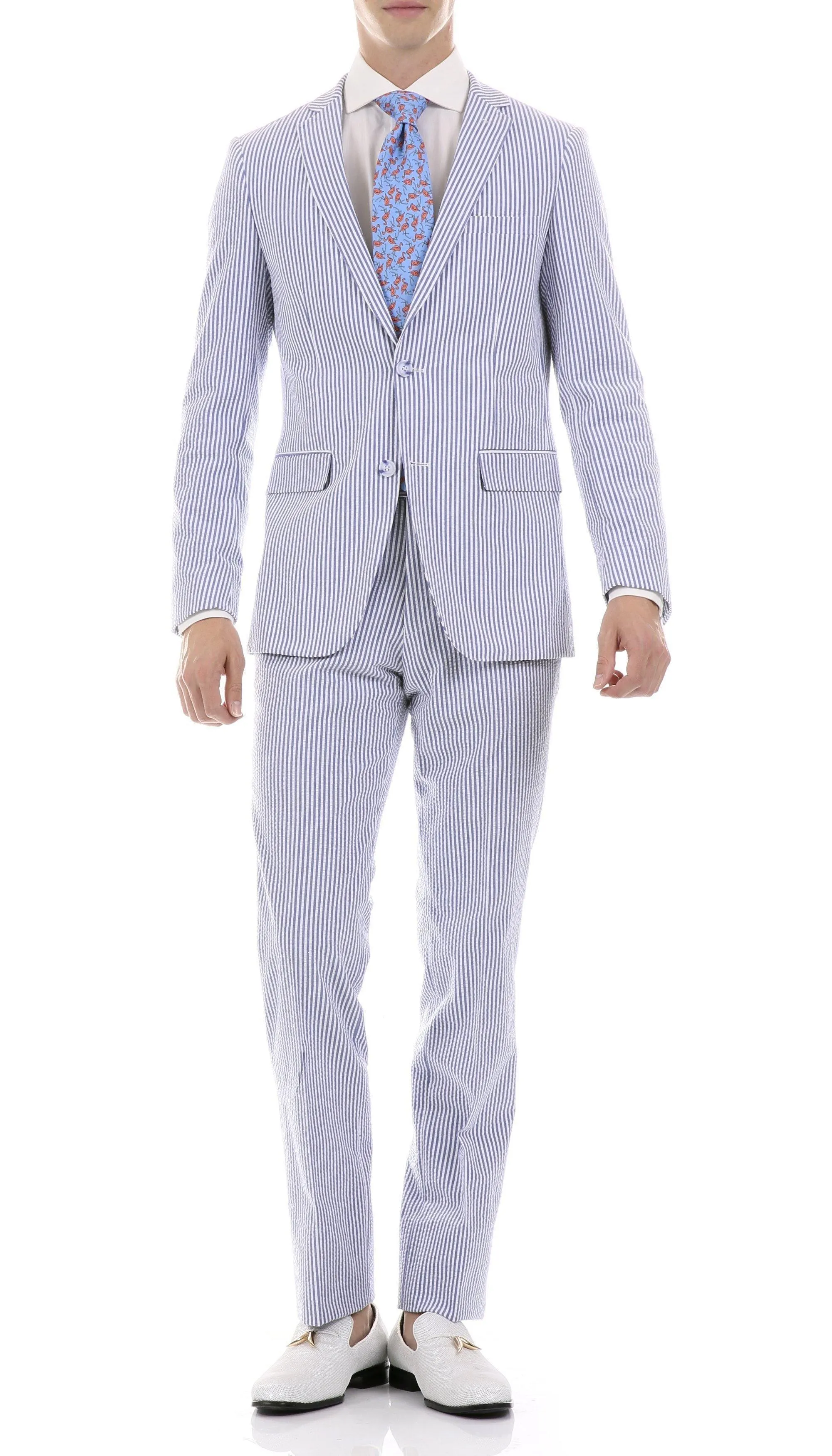 MEN'S 2PC SUMMER SEERSUCKER SLIM FIT SUIT IN BLUE PINSTRIPE