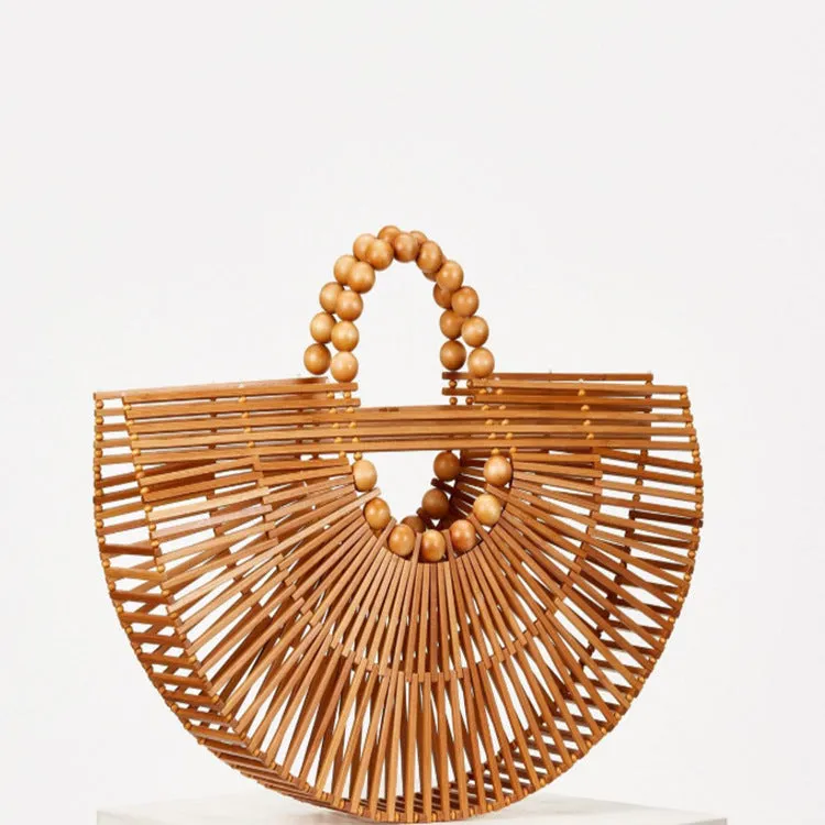 Semi-Circular Wooden Bead Woven Clutch – Stylish Beach & Rattan Bag