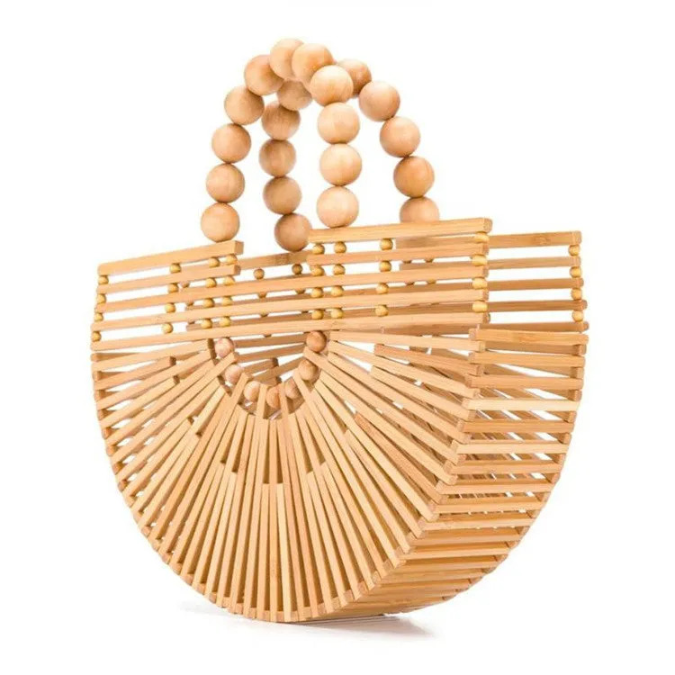 Semi-Circular Wooden Bead Woven Clutch – Stylish Beach & Rattan Bag