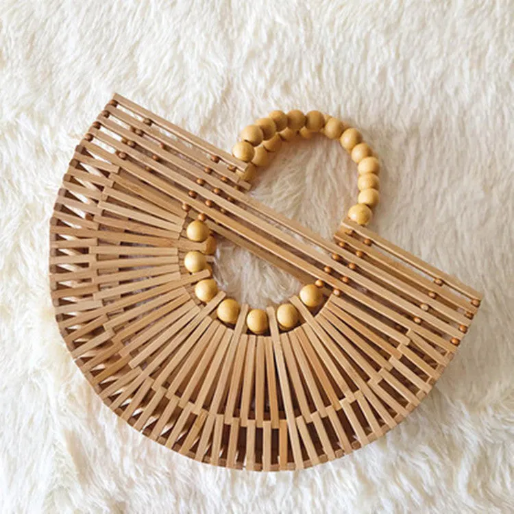 Semi-Circular Wooden Bead Woven Clutch – Stylish Beach & Rattan Bag