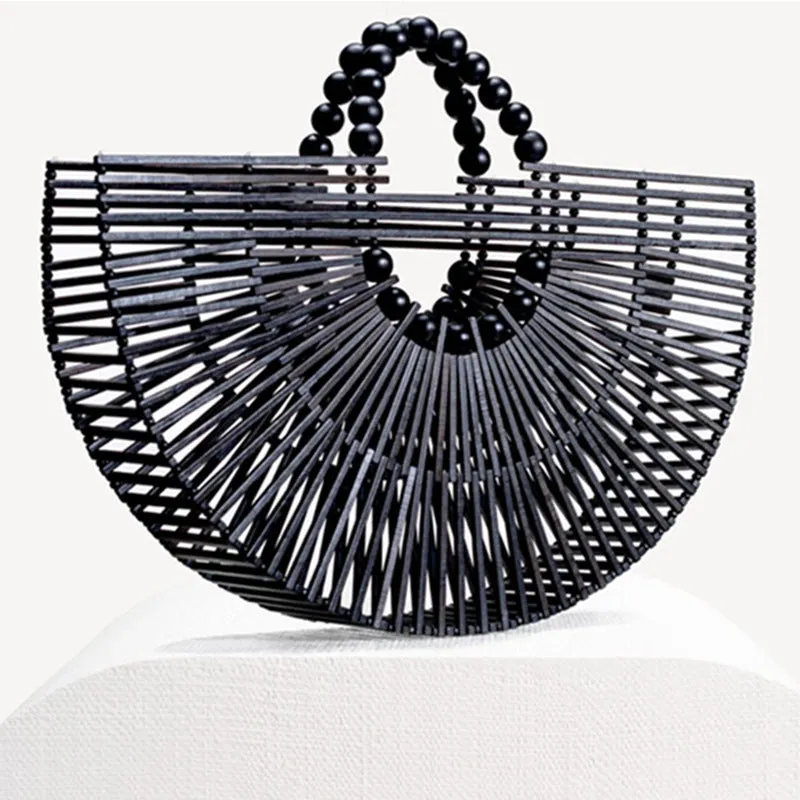 Semi-Circular Wooden Bead Woven Clutch – Stylish Beach & Rattan Bag