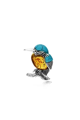 Sterling Silver Amber & Turquoise Kingfisher Brooch