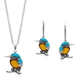 Sterling Silver Amber & Turquoise Small Kingfisher Pendant & Earring Set