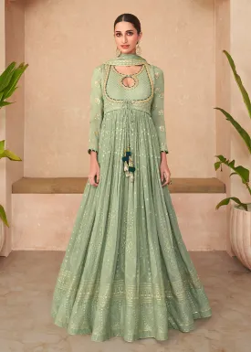 Superb Green Embroidered Real Georgette Wedding Anarkali Suit