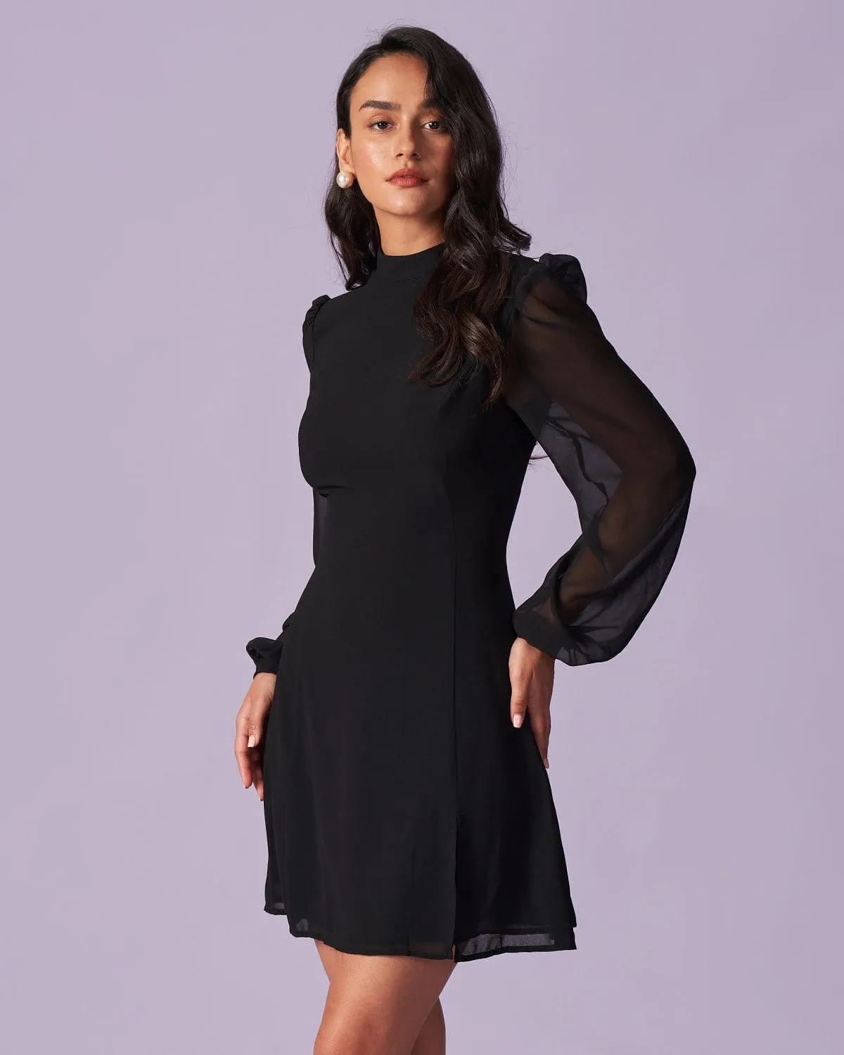 The Black Stand Collar Sheer Slit Mini Dress