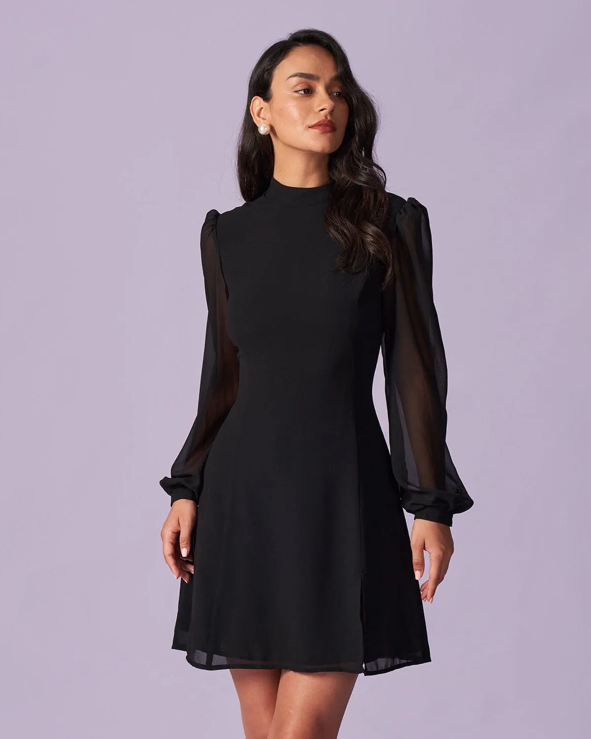 The Black Stand Collar Sheer Slit Mini Dress