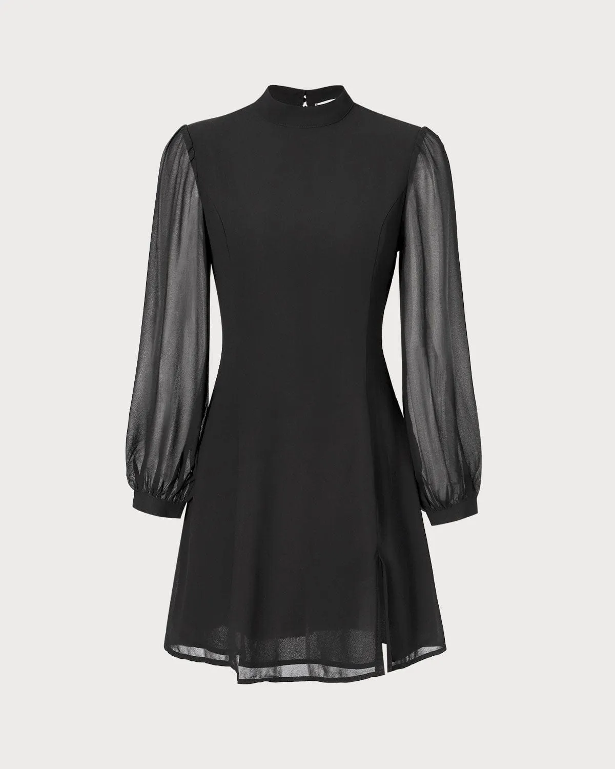 The Black Stand Collar Sheer Slit Mini Dress