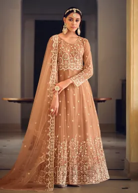 Wedding Wear Peach Net Sequins Embroidered Anarkali Suit