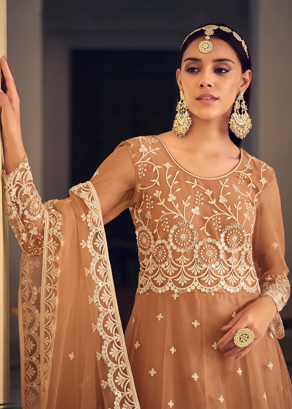 Wedding Wear Peach Net Sequins Embroidered Anarkali Suit