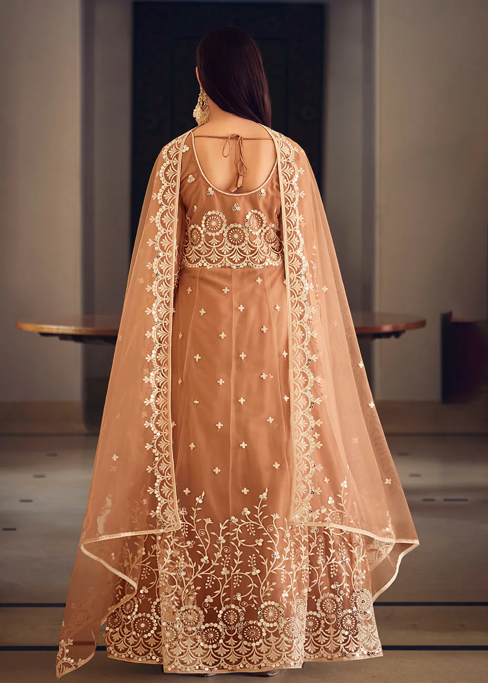 Wedding Wear Peach Net Sequins Embroidered Anarkali Suit