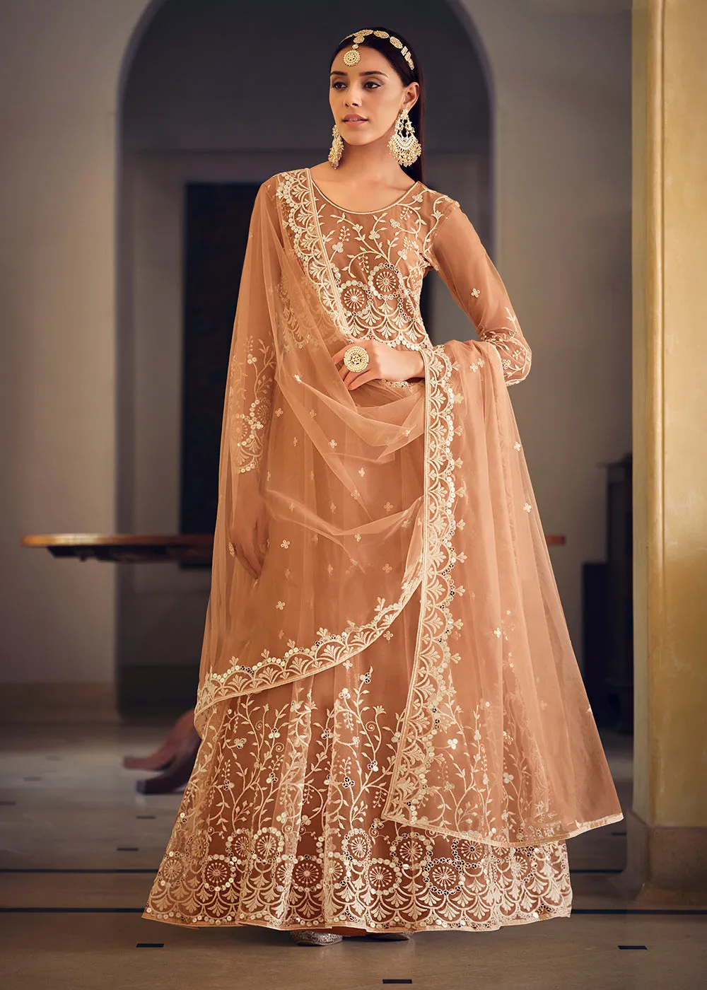 Wedding Wear Peach Net Sequins Embroidered Anarkali Suit