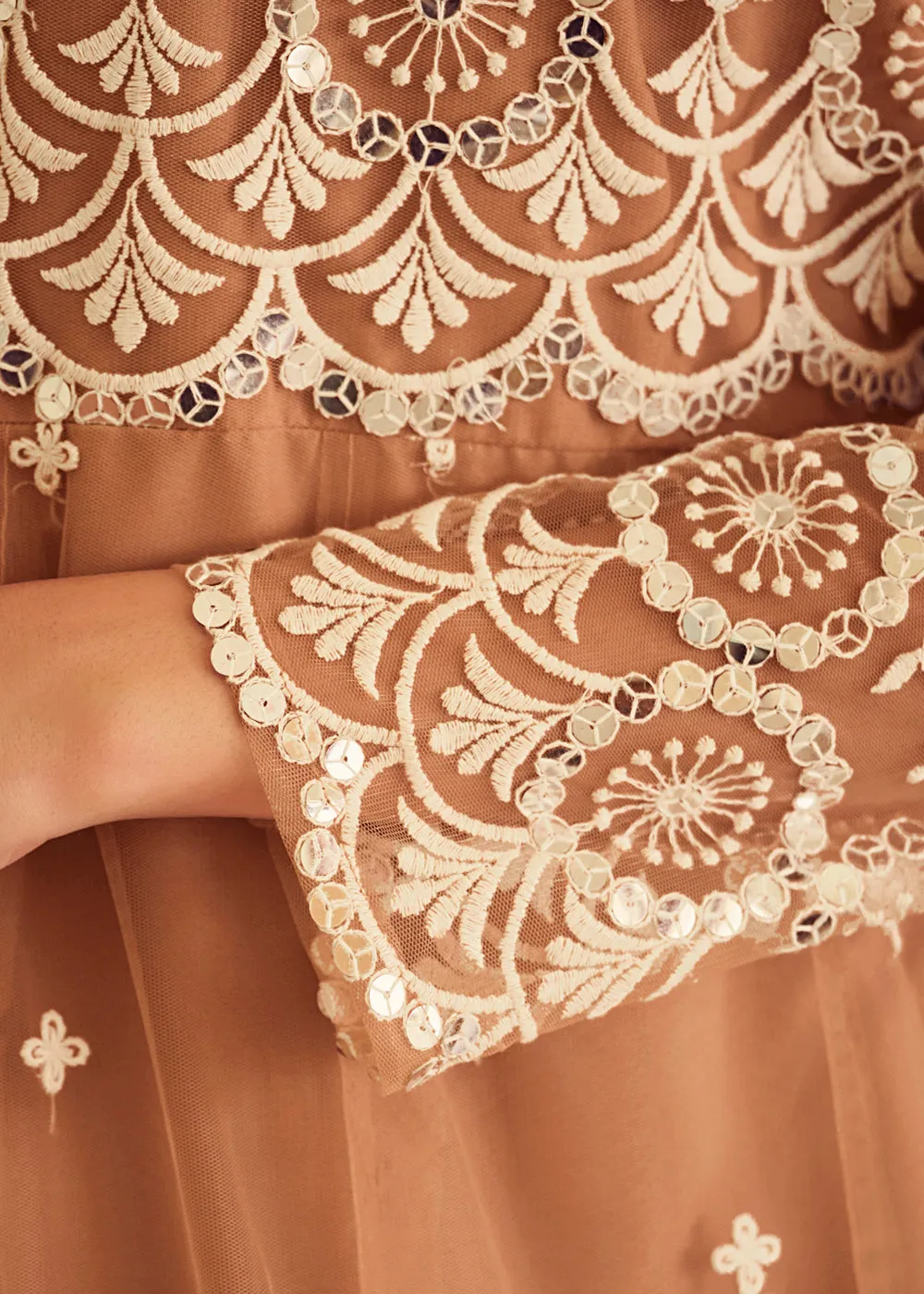 Wedding Wear Peach Net Sequins Embroidered Anarkali Suit