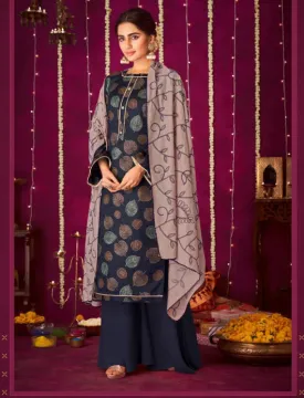 Women's Blue Unstitched Blossom Cotton Suit Material with Dupatta